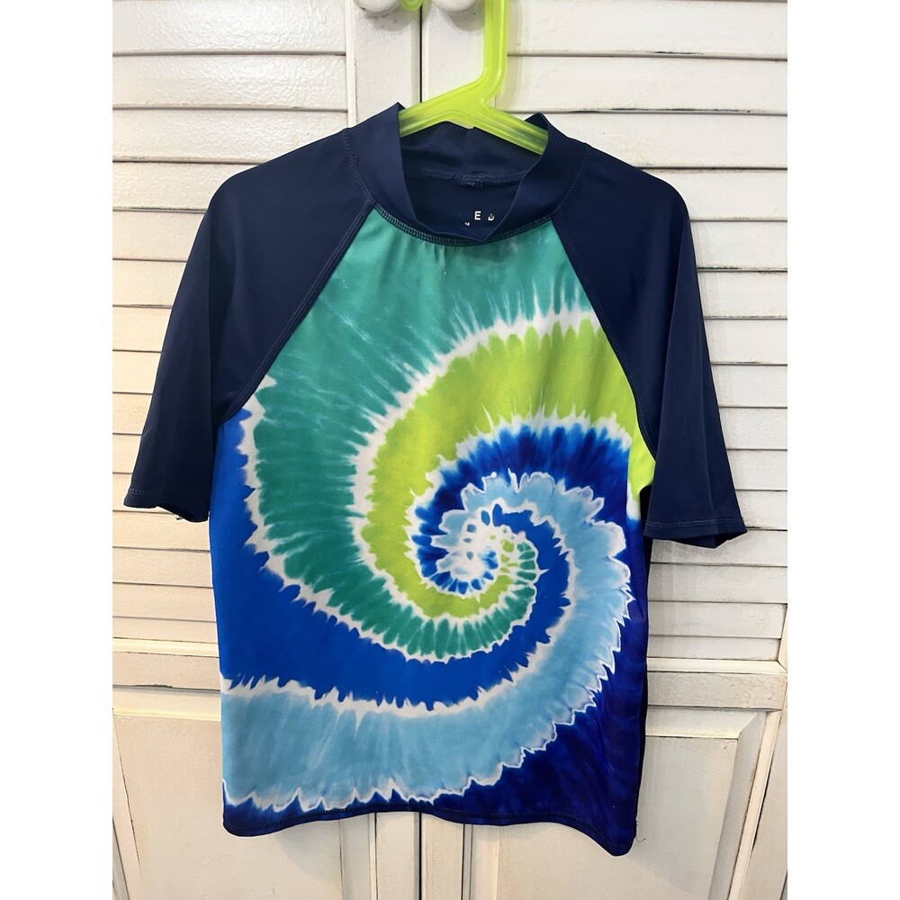 Lands' End Boys Med 10/12 Tie Dye Navy Short Sleeve Rash Guard Swim Shirt